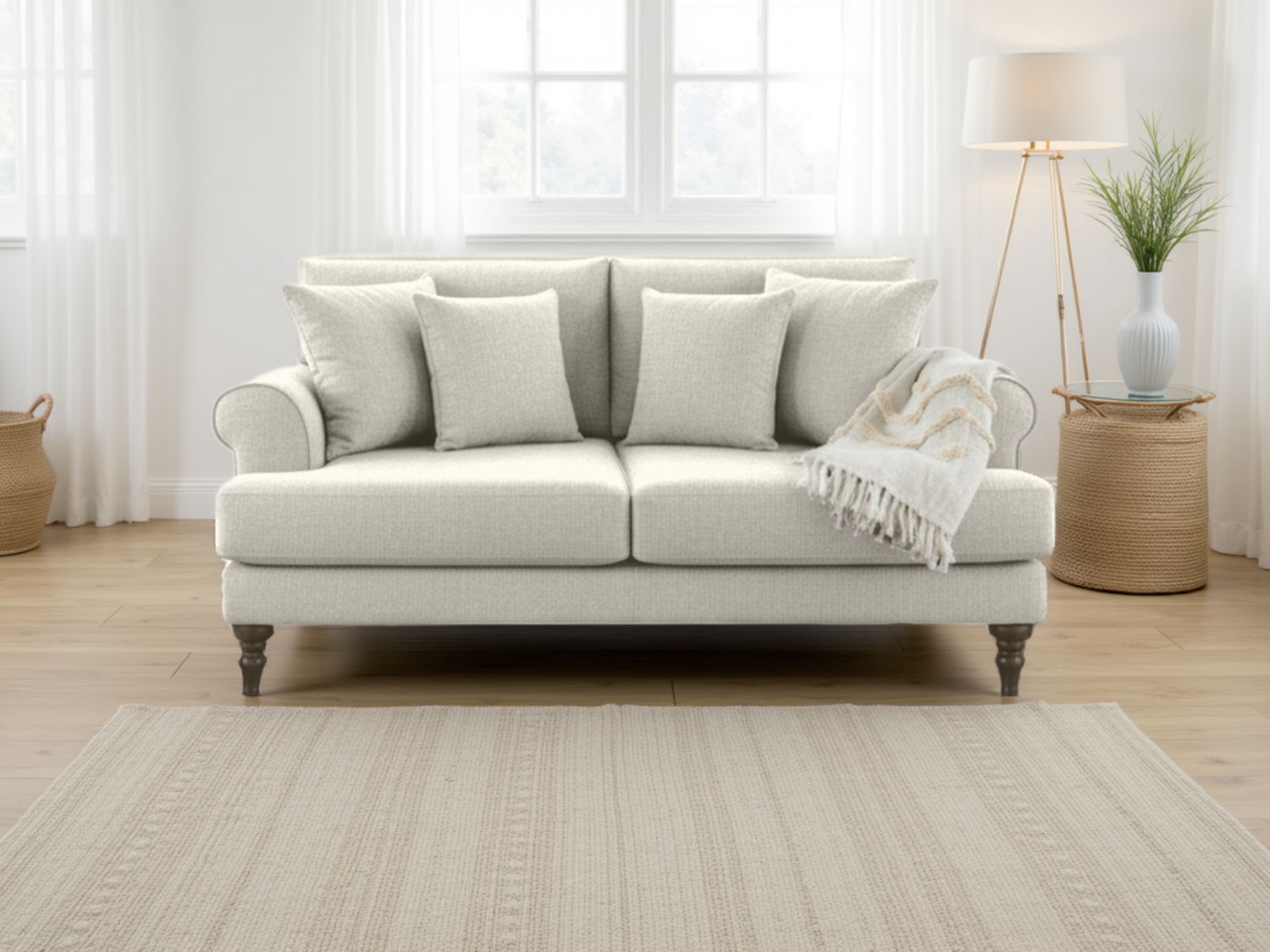 Beige Fabric 2 Seater Standard Back Sofa with Scrolled Arms